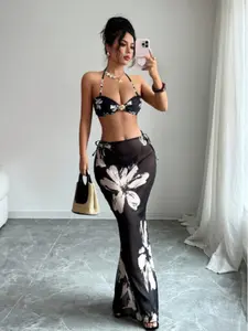 Women's Summer Vacation Print Halter Top, Triangle Bikini Bottoms, Long Dress Set, Casual Beach Pool Party Fashion Swimsuit, Bikini Skirt Set