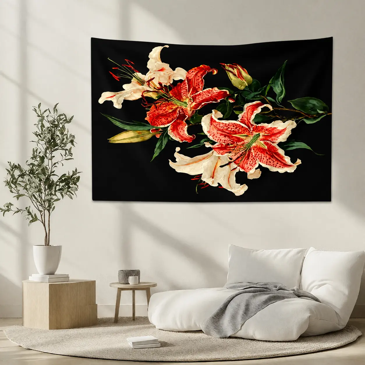 A Decorative Tapestry Featuring a Red And White Lily Floral Pattern Bedroom Living Room Decor Wall Tapestry
