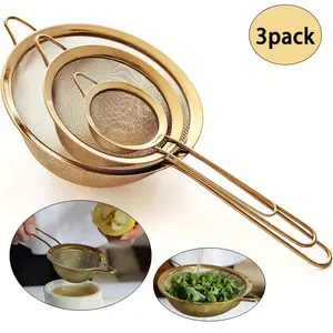 Premium 304 Stainless Steel Strainer Set - 3 Pack, Small Medium Large Sizes, Sturdy Handle & Hook, Golden Color, Durable Mesh for Food Filtering, Kitchen Strainers Plastic Utensils Spinach Drainer