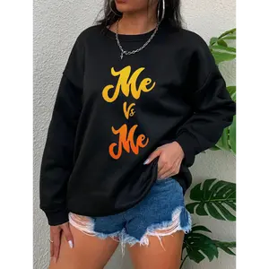 Me vs Me Motivational Sweatshirt, Women Crewneck Long Sleeve Pullover, Inspirational Workout Streetwear Top for Daily Wear