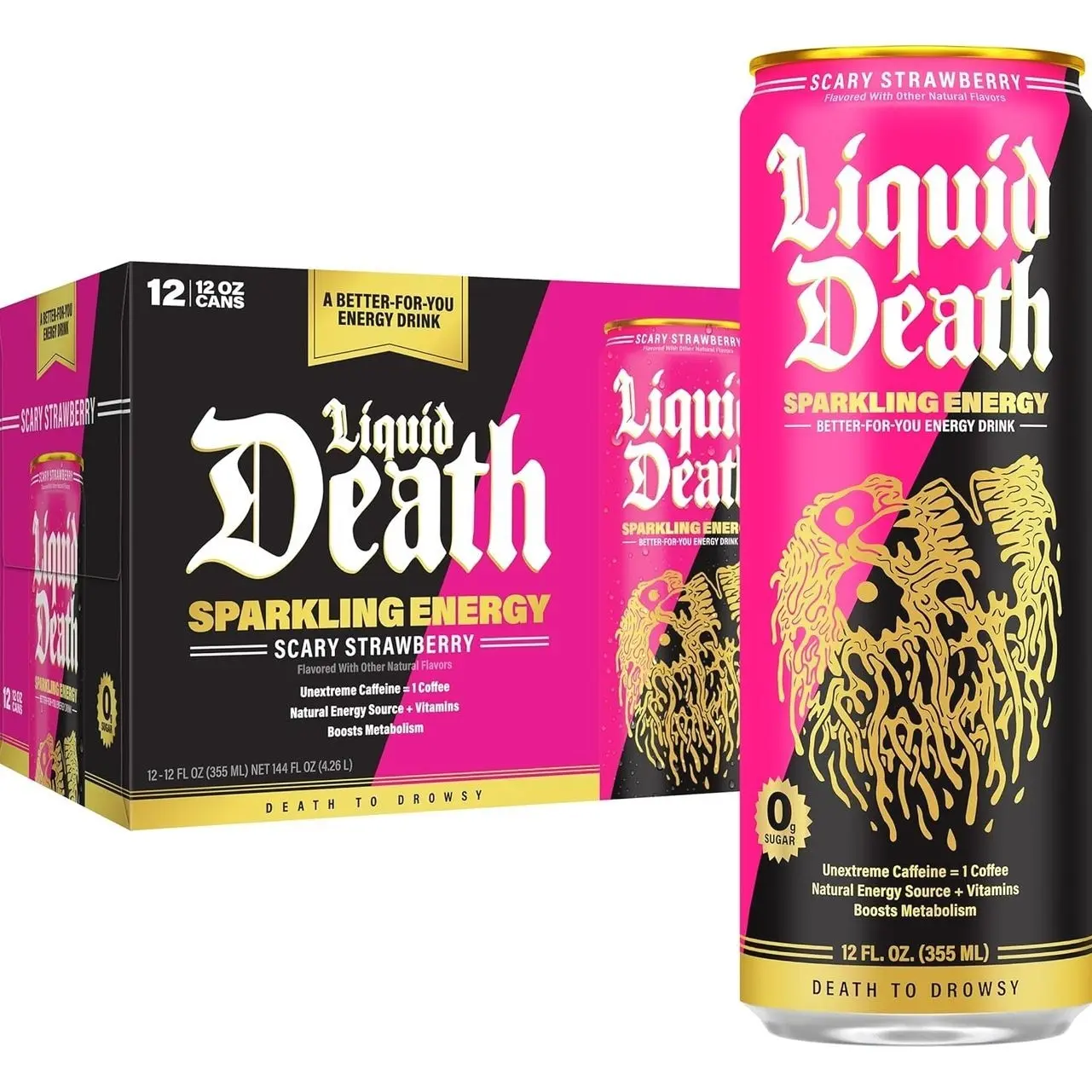 Liquid Death Sparkling Energy - Scary Strawberry, Zero Sugar Energy Drink, Unextreme Caffeine 100mg, Essential Vitamins, 12 Fl Oz (Pack of 12)