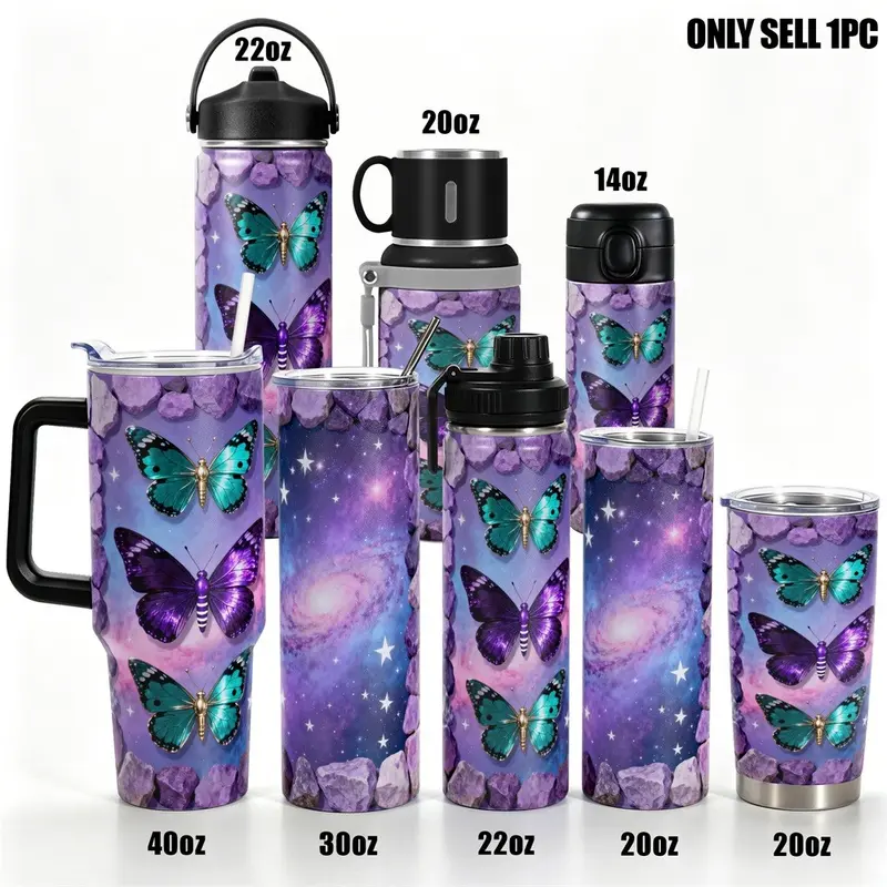 1pc Stainless Steel Cup 40oz/30oz Water Bottle, Insulated Water Bottles, Stainless Steel Tumbler, Vacuum Insulated Tumbler, Galaxy Butterfly Design, Leakproof, Large Capacity, Gym, Hiking, Travel Ideal Birthday Christmas Gift, Stainless Vacuum Flasks