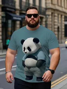 Men'S Plus Size Casual 3D Panda Print T-Shirt - Soft Breathable Fabric, Relaxed Fit Short Sleeve Round Neck Tee for Spring Summer Fall, Trendy Geometric Design, Everyday Comfort, PLUS SIZE