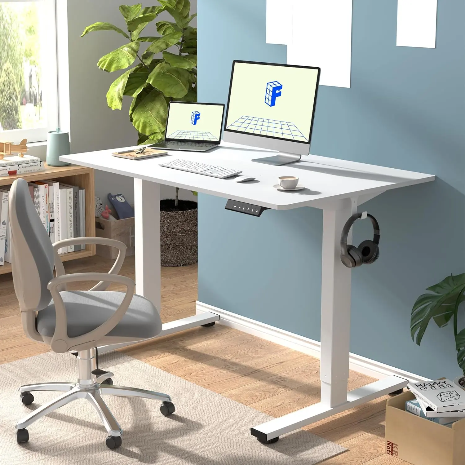 EN1 One-Piece Standing Desk 48 x 30 Inch Desktop Adjustable Height Electric Desk for Home Office and Computer Workstation (White Frame + White Top, 2 Packages)