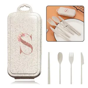 Letter Pattern Cutlery Set, Including Fork, Spoon, Knife & Chopsticks with Storage Box, Reusable Travel Utensils Dining Kit for Picnics Camping