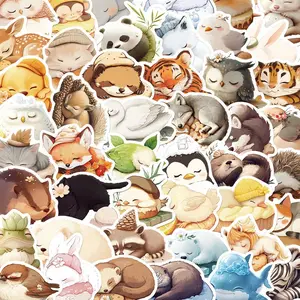Cute Sleeping Animal Pattern Sticker, 50pcs/set Creative Cartoon Animal Decals, DIY Decorative Sticker for Phone Case, Computer, Guitar, Bag, Water Cup, Scrapbook, Ornaments