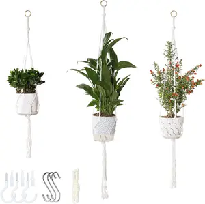 3 Pack Macrame Plant Hanger Indoor, 35 41 47 Inch Handmade Boho Hanging Planter Basket with Screw Hooks S-Hooks and Extension Rope for Indoor Plants Home Decor (POTS NOT Included) (White) Vriysei