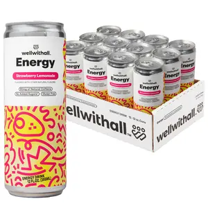 WellWithAll Strawberry Lemonade Energy Drink - Caffeine from Tea - With Vitamin C - Lightly Sparkling Beverage - Fruit & Veggie Juice Blend - 12 Oz (Pack of 12)