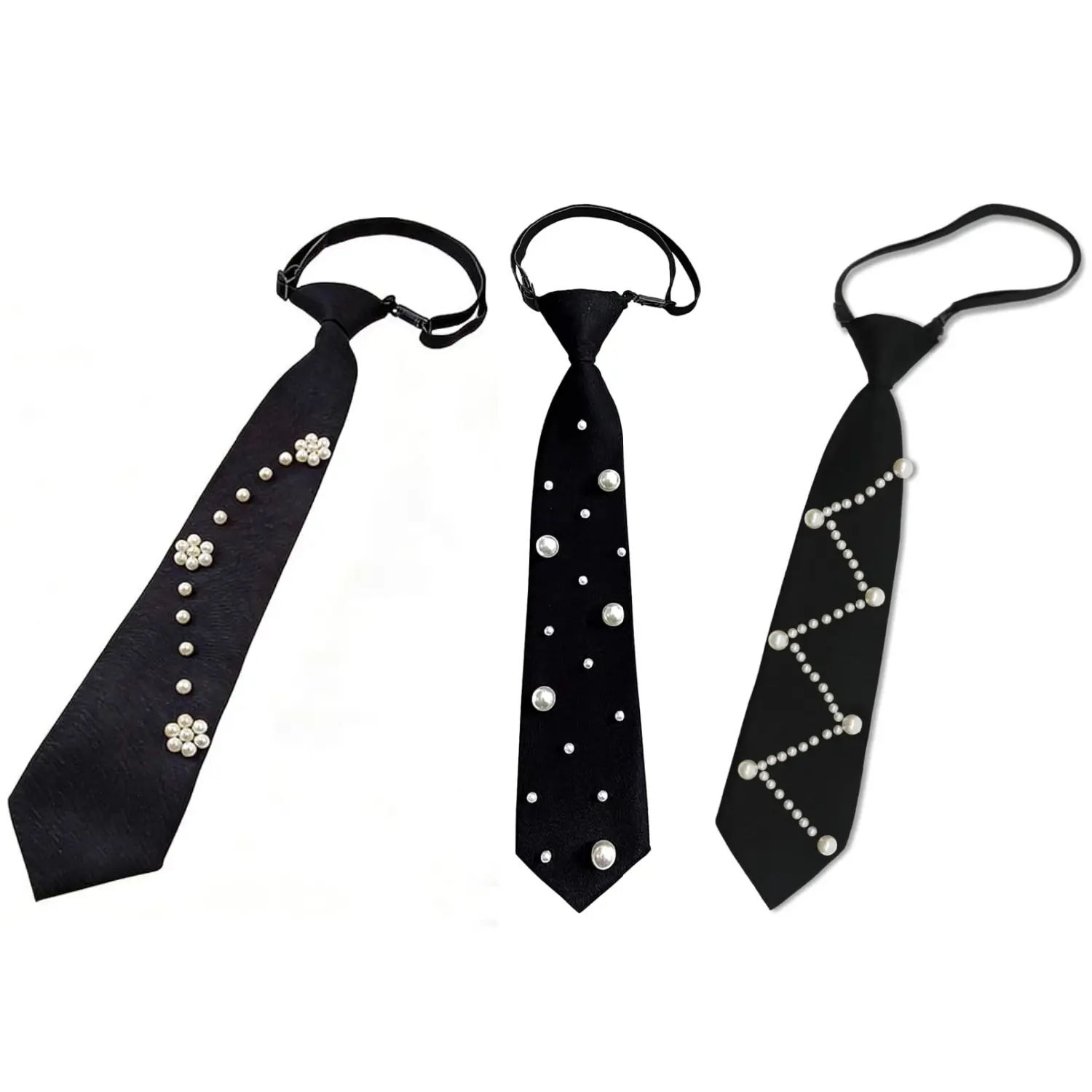 3-Pack Casual Elegant Black Pre-Tied Polyester Neckties with Artificial Pearls, Adjustable Uniform Neckwear for Graduation, Christmas Events (Ideal for Friends), Casual Elegant Tie, One Size