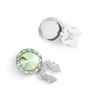 Men's Silver/Palace Green Button Cover Cuff-Link With Crystal Stud Centered Surrounded By Crystal Studs