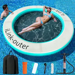 8ft Water Hammock Round Float Ring, Boat Float Heavy Duty Circle Lake Floats for Adults Floating Dock with Mesh, Pool Floating Mat Inflatable Water Raft for Ocean River
