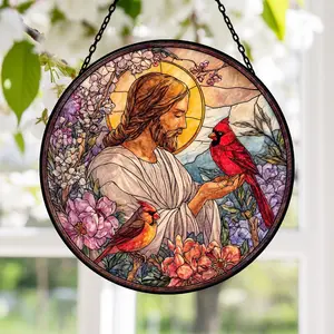 Jesus With Cardinals Stained Glass Suncatcher Memorial Gift, Christian Window Hanging, Jesus Christ Decoration, Religious Christmas Decor