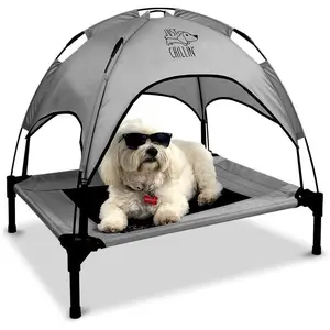 Just Chillin' Elevated  Bed. Cool  with Removable Canopy Shade. Indoor or Outdoor Pet Use. Lightweight and Portable. Chill in Style on Raised Breathable Mesh Fabric.