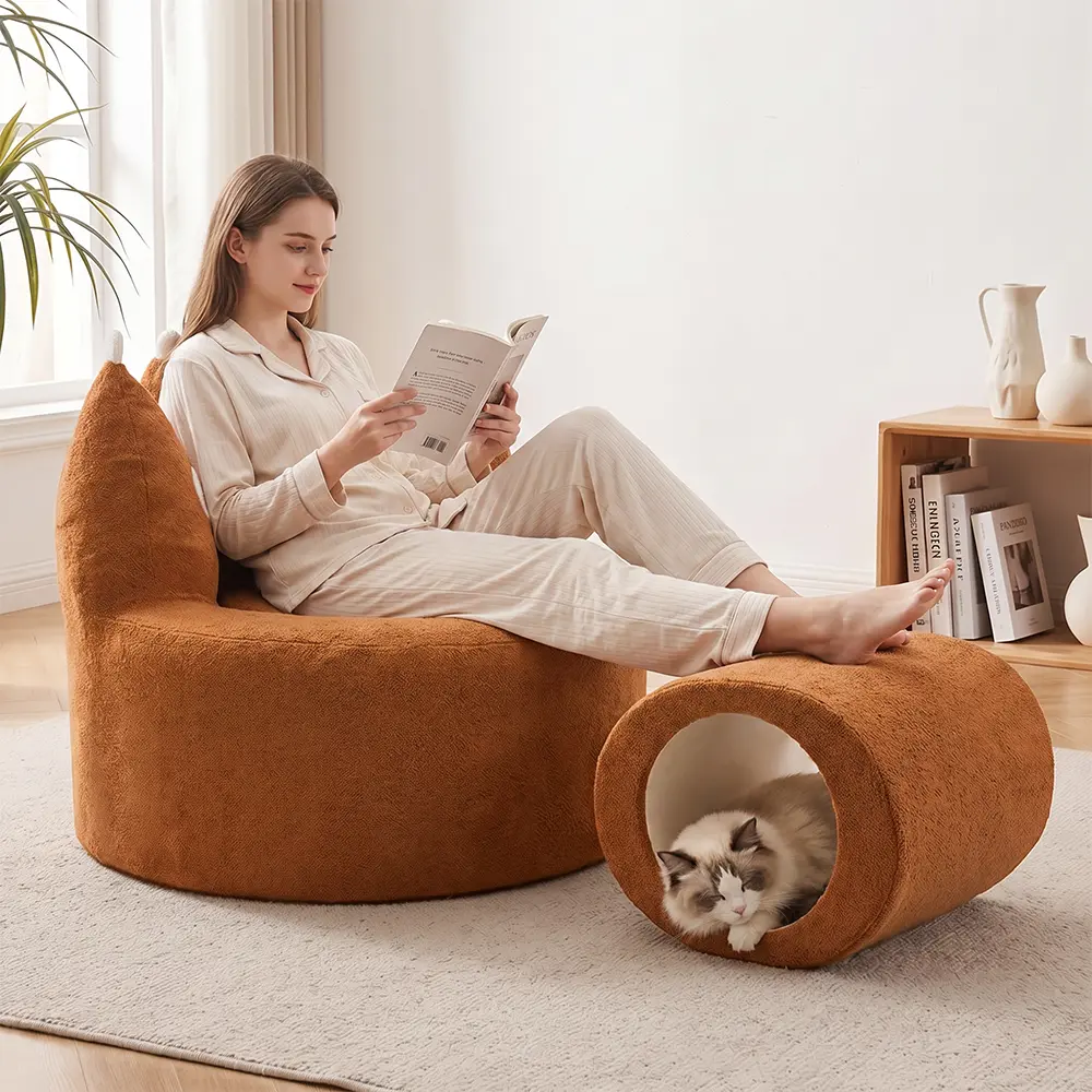 Cozy Human-Pet Shared Sofa Chair - Roll-Packed No-Assembly Pet Couch with Cat Cave Ottoman, Indoor Furniture for Small Spaces, Cat Lounging & Footrest