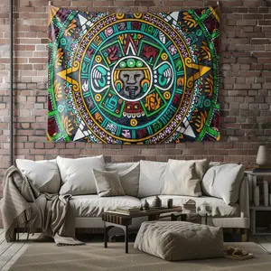 Aztec Sun Stone Tapestry, Mayan Aztec Civilization Totem Symbols Geometric Patterns, Boho Bedroom Decor, Student Dorm DIY Background Cloth, Ancient Civilization Totem Style Headboard & Sofa Background Decor