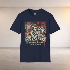 No Borders Protest T-Shirt — "Unity Through Chaos" Megaphone Graphic