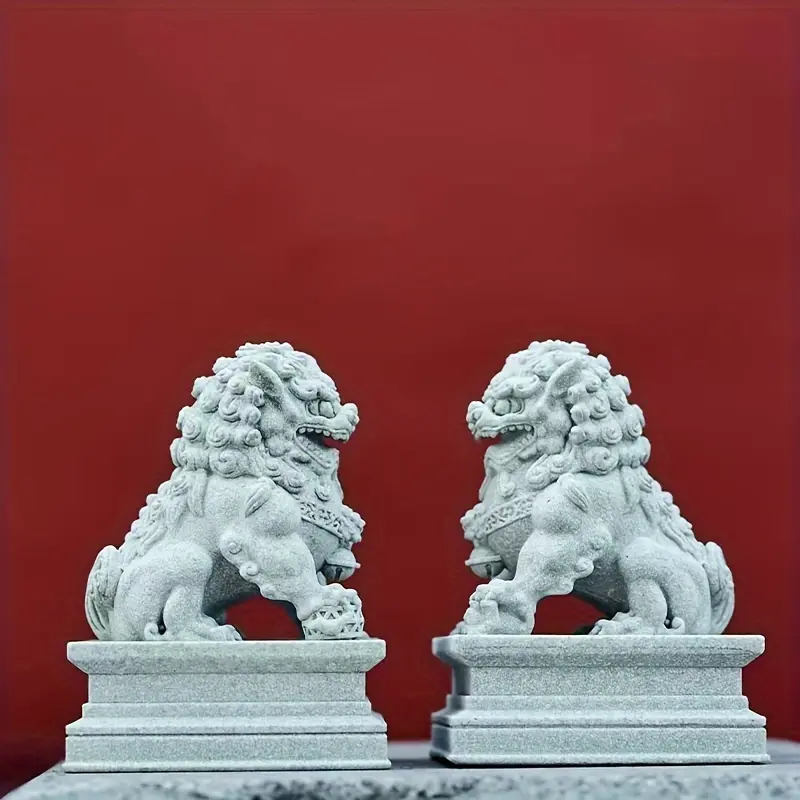 Cyan Sandstone Vintage 2pcs Lucky Dog Statues - Feng Shui Home Decor, Decoration, Floor Standing Ornament for Living Room - No Battery Required Home Supplies Figurine