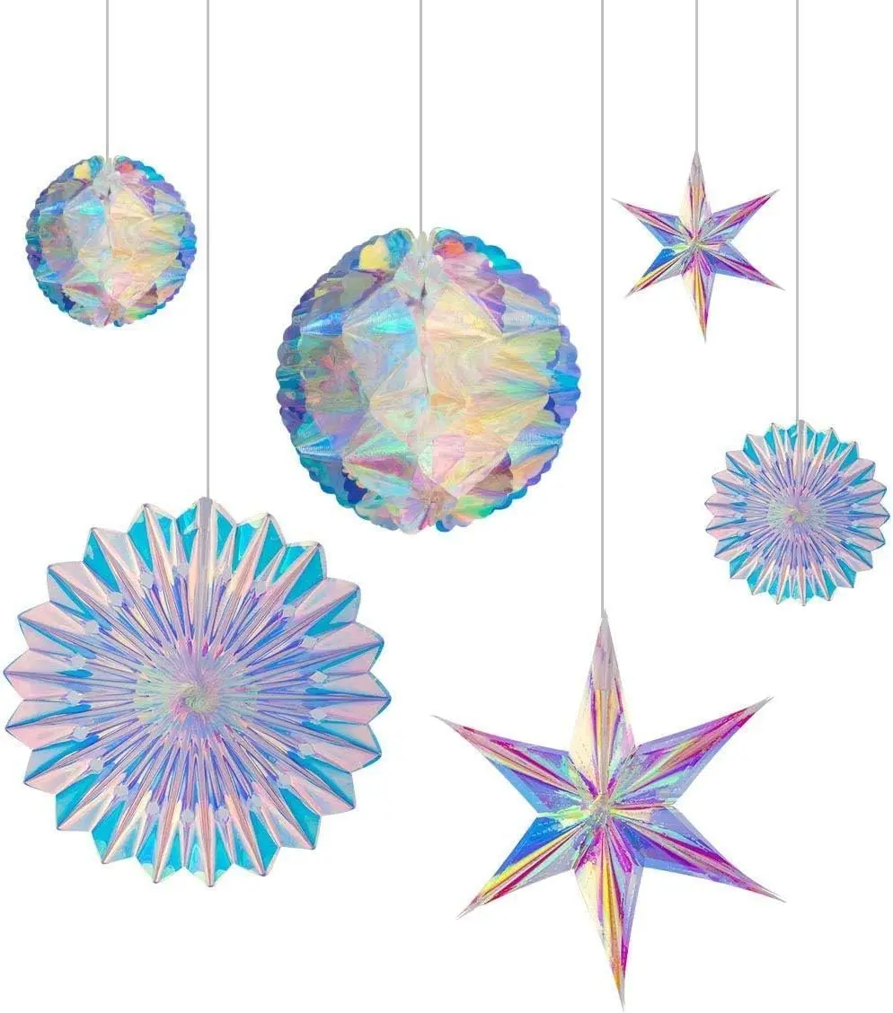 BTSD-home Iridescent Metallic Party Decorations Kit - Hanging Honeycomb Balls, Paper Fans, 3D Star Ornaments, Garland - Holographic Door & Ceiling Decor for Birthday Party, Wedding, Disco Events
