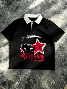 Polo Shirt' "STAY TRUE" Distressed Star Graphic Print | Edgy Streetwear Aesthetic | Unisex OOTD Essential | TikTok Viral Y2K Casual Daily Wear Statement Tee for Men Women 2026 Spring New Drop Top