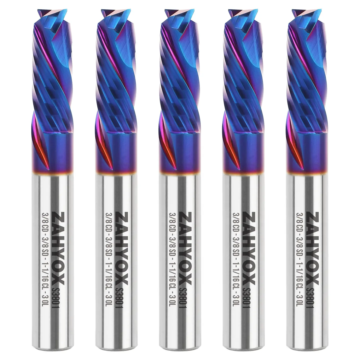 S3801 (5pack) 3/8" Shank Compression nACo Coated CNC Spiral Router Bit - 2 Flutes - 3/8" Cutting Dia - 1-1/16" LOC - 3OAL