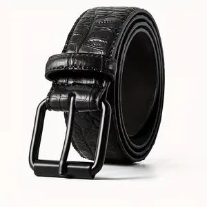 Men's Vegan Belt - Black Alligator-Embossed Dress Belt with Metal Buckle, Heavy-Duty Strap (Runs Small - Size Up Recommended)