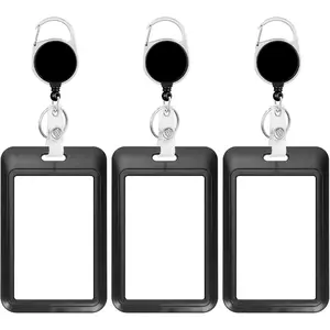 3 Pack Heavy Duty Badge Holder with Retractable Reel, ID Name Tag Worker Badge Carabiner Clip Vertical Card Protector Cover Case for Key Office  Nurse Teacher Women (3 PCS Solid Black)