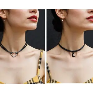 5 PCS Necklaces Choker Set Gothic Boho Moon Necklace, Moon Necklaces for Women,Love Heart Choker Necklace Adjustable,Leather Cord Collar Necklace Jewelry for Women