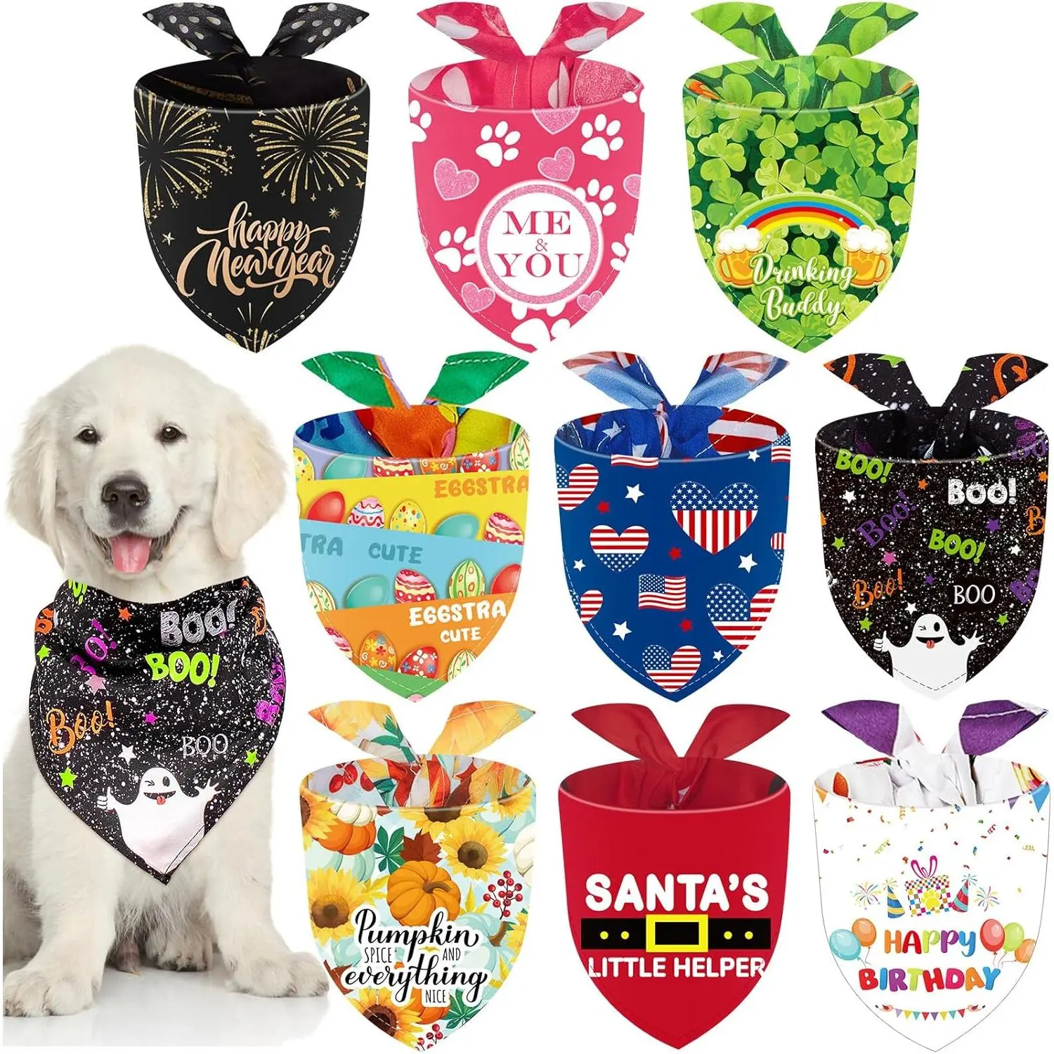 9 Count Holiday Dog Bandanas Halloween Dog Bandanas Thanksgiving Christmas Dog Scarf Adjustable Large Pet Scarf Washable Dog Scarves for Dog Costume Supply