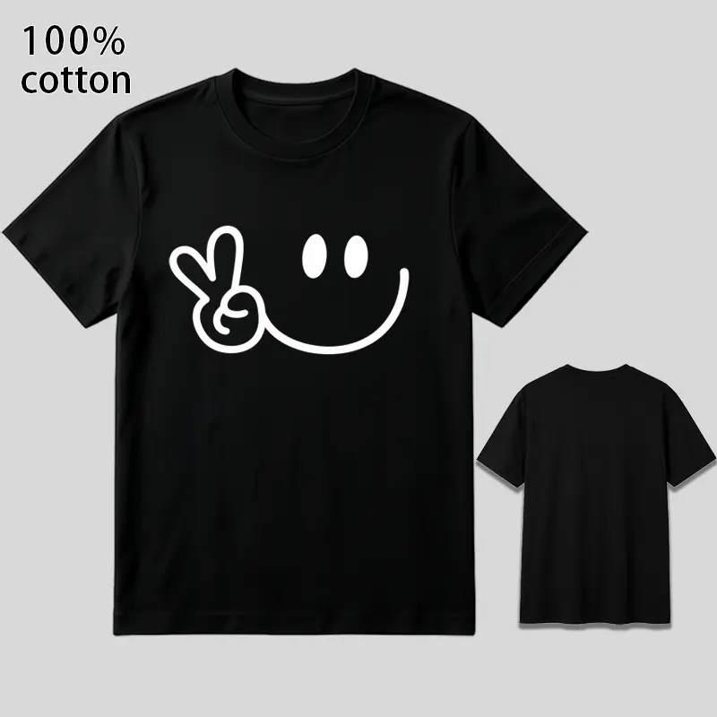 100% Cotton Smiley Face Peace Sign Graphic T-Shirt Unisex Crew Neck Short Sleeve Casual Tee