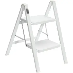 2 Step Ladder, Lightweight Portable Foldable Collapsible Folding Sturdy Iron Metal Step Stool with Anti-Slip Wide Pedal, Heavy Duty 330 lbs Capacity, for , Kitchen, Closet, Adults, White