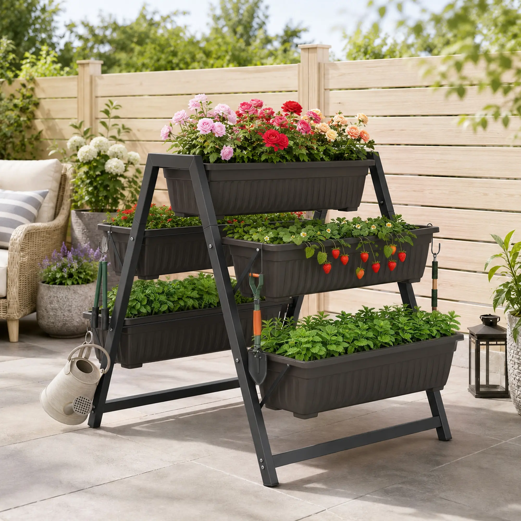 Nieifi 5-Tier Freestanding Vertical Bed with Drain Holes, S-Hooks, PP+Steel Build - Raised Planter for Patio Deck, Balcony - Indoor/Outdoor Herb Vegetable Stand (Garden Supplies, Garden Accessories)