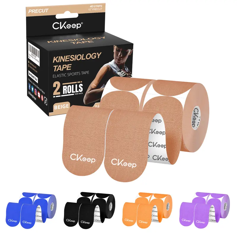 Ckeep Pre-Cut Elastic Athletic Tape (2 Rolls, 2in x 16ft) - Latex-Free Cotton Breathable Elastic Kinesiology Sports Wrap, Hypoallergenic, Double Waterproof Protection, Skin-Conforming Rounded Edges for Runners' Knee Pain Relief, Ideal for Athletic Taping