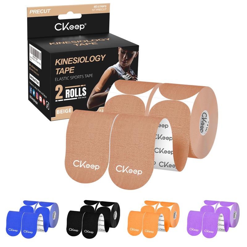 Ckeep Precut Kinesiology Tape, 2 Rolls - Original Cotton, Latex-Free with Rounded Edges for Knee Pain, Injuries & Sprains