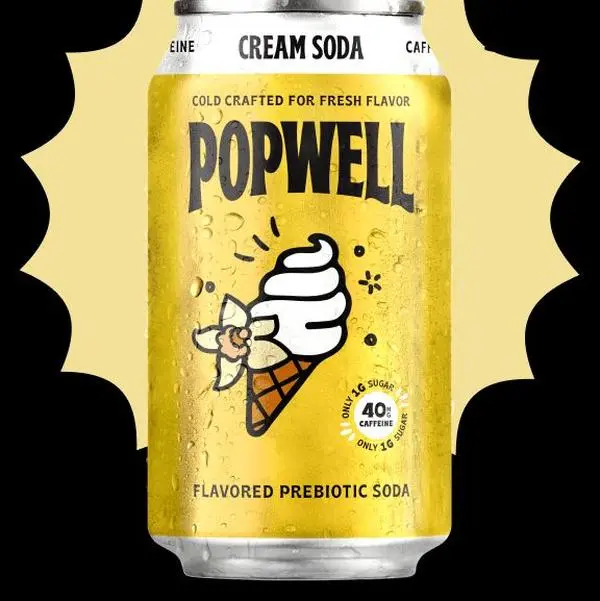 Popwell Caffeinated Prebiotic Cream Soda - Better-For-You, Gluten-Free Fizzy Drink with 6g Fiber, 1g Sugar, B Vitamins, Immunity Support - 12 fl oz Cans (Can Pack of 12)