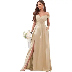 CHENGDEFA Women's Off Shoulder Bridesmaid Dresses Long Slit Chiffon Ruched Evening Formal Dress with Pockets Womenswear Comfort workout  tops
