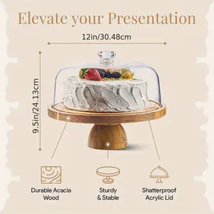 Acacia Wood Cake Stand with Lid - 12in Round Cake Holder, 2-in-1 Dessert Table Display Set & Charcuterie Board for Cheese, Chips & Dips, Nachos, Fruit Platter, Large Acrylic Cake Dome Cover