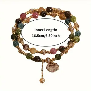 High-End Double Layer Round Gemstones Rainbow Bangle, Bohemian Gold-Plated Stainless Steel Cuban Link Bracelet with Delicate Longevity Lock & Inspirational Cross, Adjustable Unisex Christian Jewelry for Couples