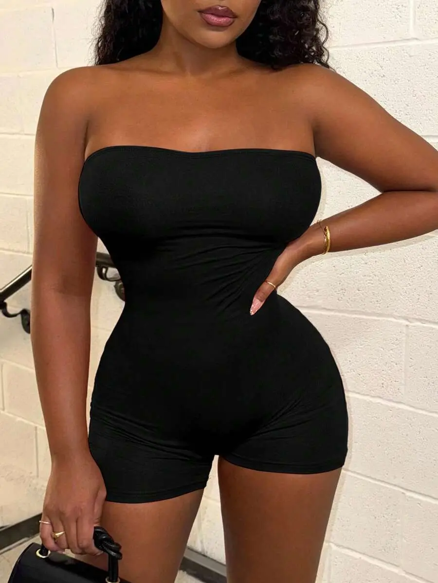 Casual Minimalist Black Cropped Bodysuit For Women, Suitable For Summer Women's Sportswear
