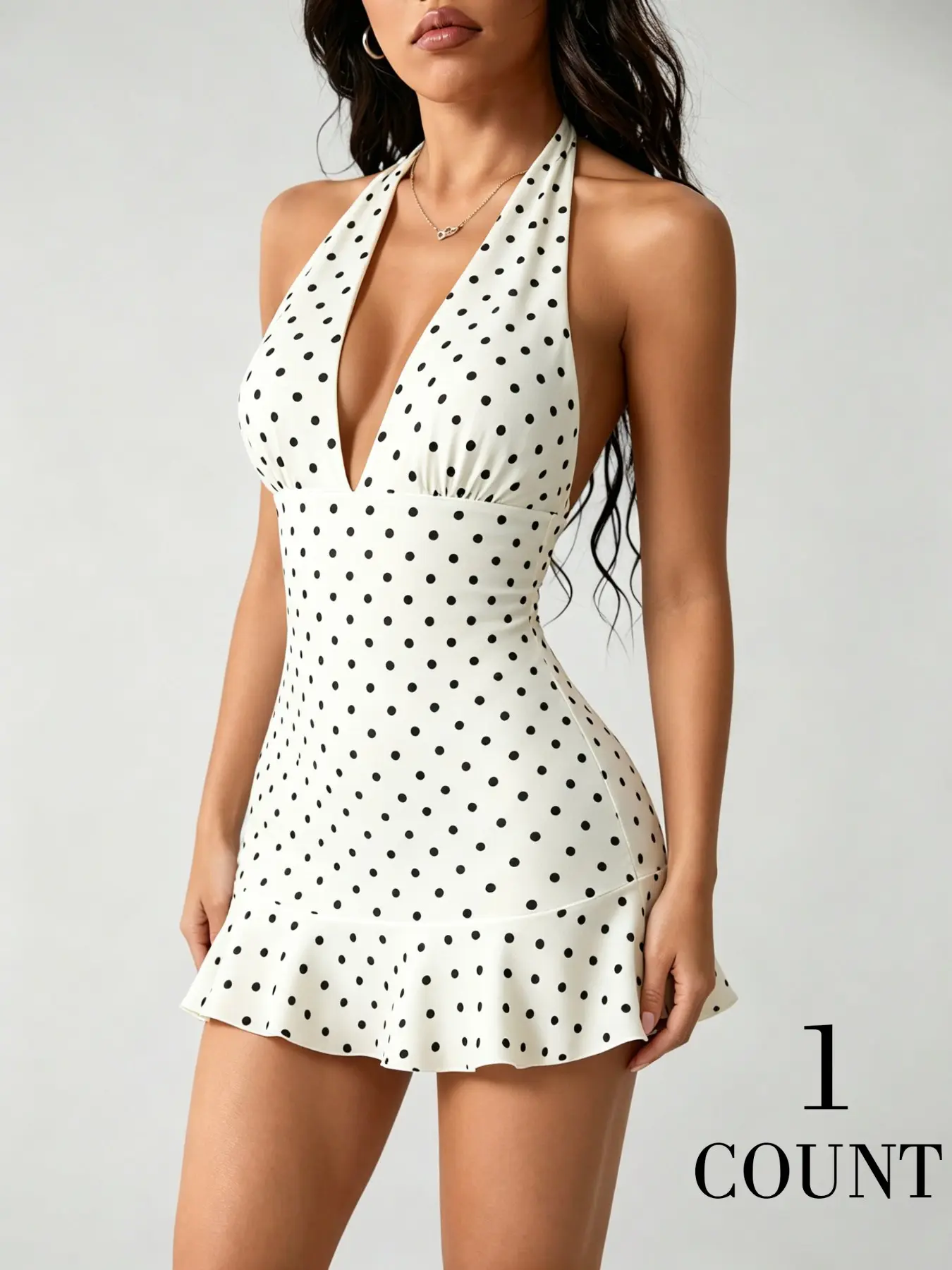 Women's Polka Dot Halter Mini Dress, Strawberry Milkshake Color Deep V Neck Backless Ruffle Skirt, Y2K Retro 90s Style Sleeveless Summer Dress