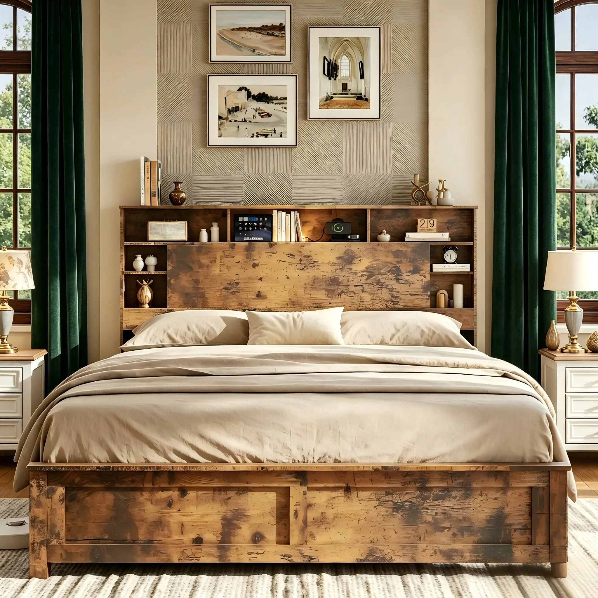 Farmhouse Wooden Platform Storage Bed Frame with Charging Station, LED Lights & Bookcase