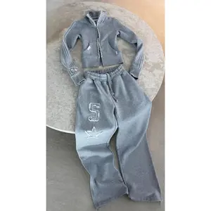 Y2K Fashion Light Gray Zipper Sportswear Outfits Women Goth Letter Graphic Patch Jacket Sweatshirt Harajuku Straight Sweatpants