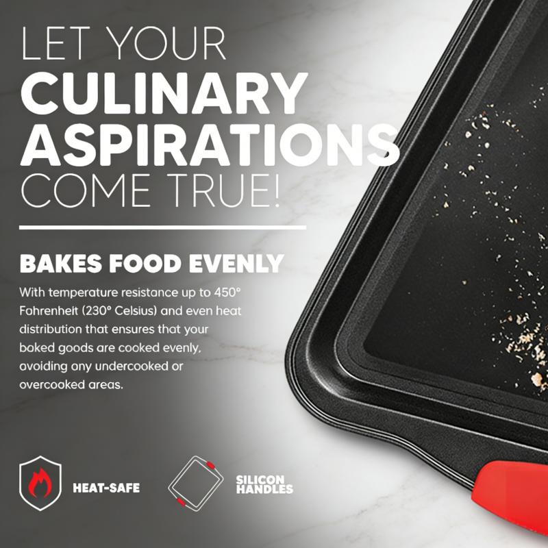 2 Piece Set Non-Stick Carbon Steel Oven Bakeware – Premium Kitchen Cooking Baking Trays – PFOA, PFOS, PTFE-Free Medium & Large Baking Sheet Pans with Soft Red Silicone Handles