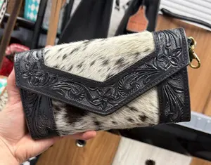 Genuine hand tooled leather & cowhide accordion style wallet- comes with wristlet & crossbody strap