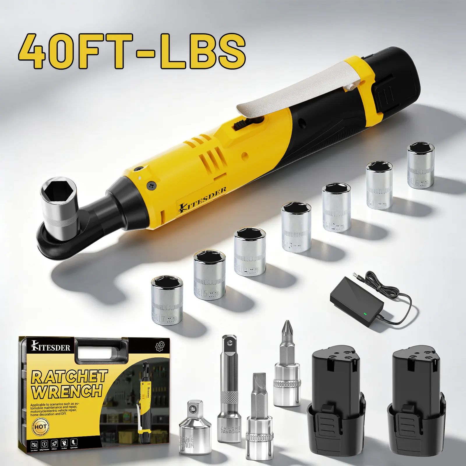 KITESDER 12V Cordless Ratchet Wrench Kit, 3/8" Drive, 40 FT-LBS High Torque, 0-400 RPM Variable Speed, LED Light, 2.0Ah Batteries, Fast Charger & Sockets for Car Maintenance, Home Improvement