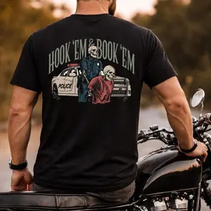 [100% Cotton] Hook ’Em & Book ’Em Police T-Shirt, Funny Law Enforcement Back Print Graphic Tee, Vintage Police Shirt, Biker First Responder Short Sleeve Tshirt, Patriotic Cop Outfit Apparel, Gift For Police Men Women.