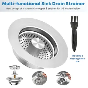 Upgraded 3 in 1 Kitchen Sink Drain Strainer （Includes a cleaning brush）- Stainless Steel Sink Stopper,Anti-Clogging Sink Food Catcher Basket,Fast Drainage Odor Filter Sink Plug for US Standard 3 1/2 inch Drain (Silver-1Pack)