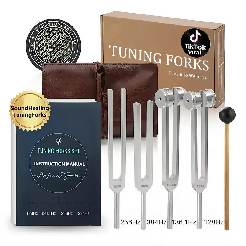 Resonance Sound Healing Tuning Fork Set – 128Hz, 136.1Hz, 256Hz, 384Hz with Activator – Sound Therapy for Stress Relief, Deep Relaxation & Chakra Balancing, Sound Healing, Stress Relief, Chakra Balance, Yoga, Boost energy, sound frequency.