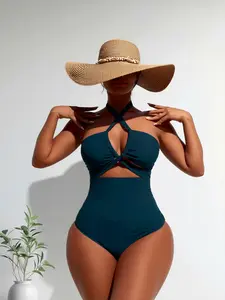 Halter Push Up Blue One Piece Swimsuit, High Waist Tummy Control Monokini Bathing Suit, Solid Slim Swimwear For Women Beach Vacation