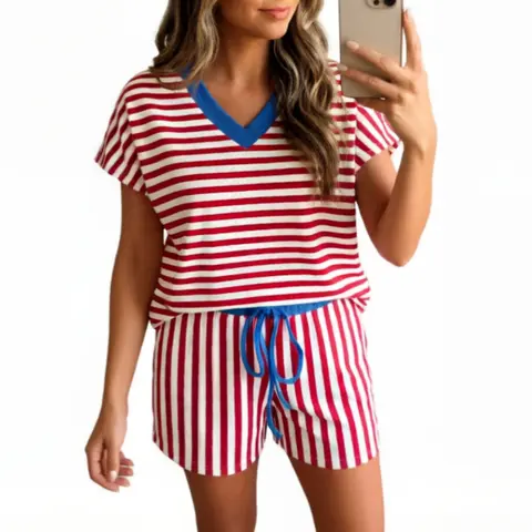 Asvivid Women's Stripe Colorblock Trim V Neck Tee Top & c Elastic Waist Short Set Womenswear Summer Clothes Striped