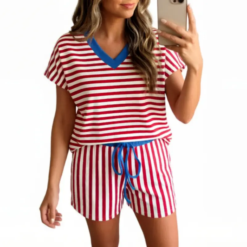 Asvivid Women's Stripe Colorblock Trim V Neck Tee Top & c Elastic Waist Short Set Womenswear Summer Clothes Striped